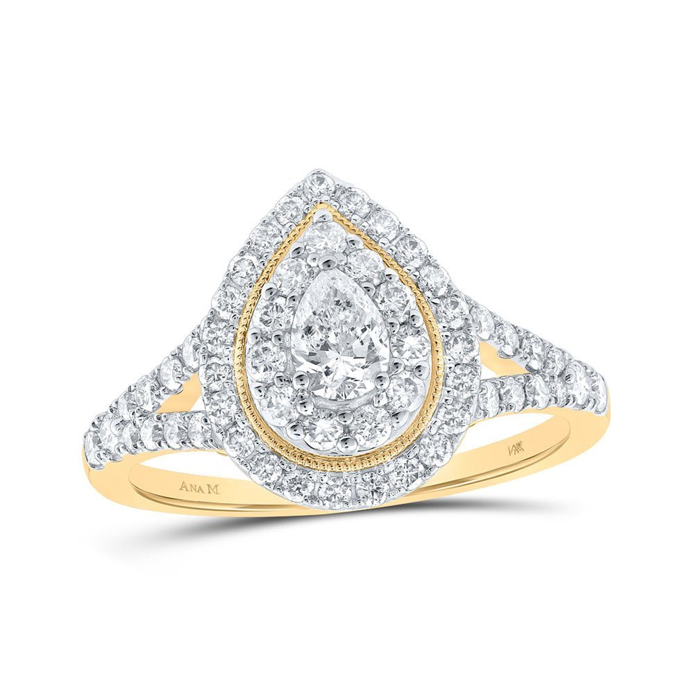 Radiant Love: 14kt Yellow Gold Pear Diamond Halo Bridal Wedding Engagement Ring 1 Cttw - Splendid Jewellery