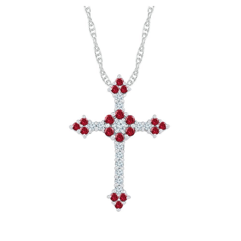 Radiant Love Cross Pendant | 10kt White Gold Womens Round Lab - Created Ruby Cross Pendant 1 Cttw | Splendid Jewellery - Splendid Jewellery