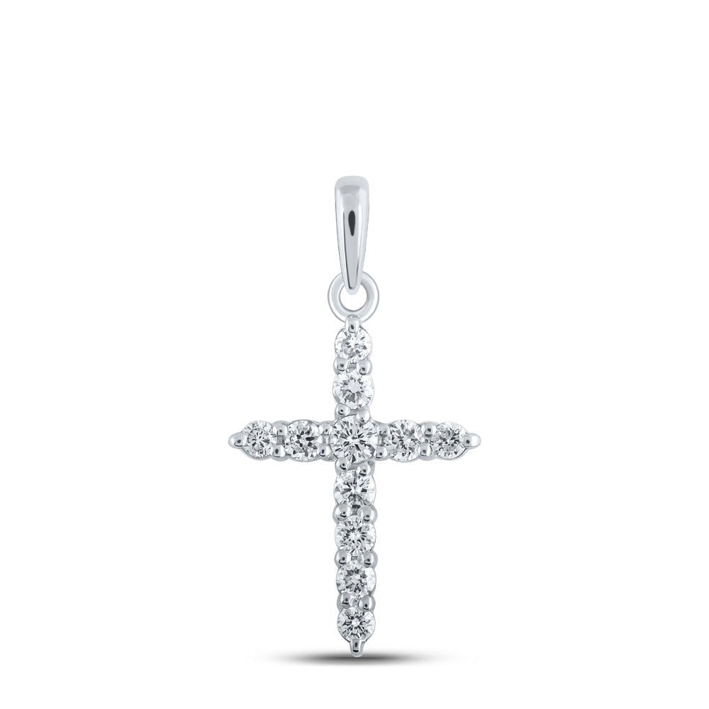 Radiant Reflections: 10kt White Gold Womens Round Diamond Cross Pendant 1/5 Cttw - Splendid Jewellery