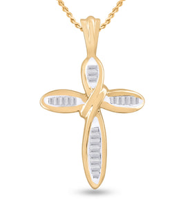 Radiant Reflections: 10kt Yellow Gold Baguette Diamond Cross Pendant - Splendid Jewellery