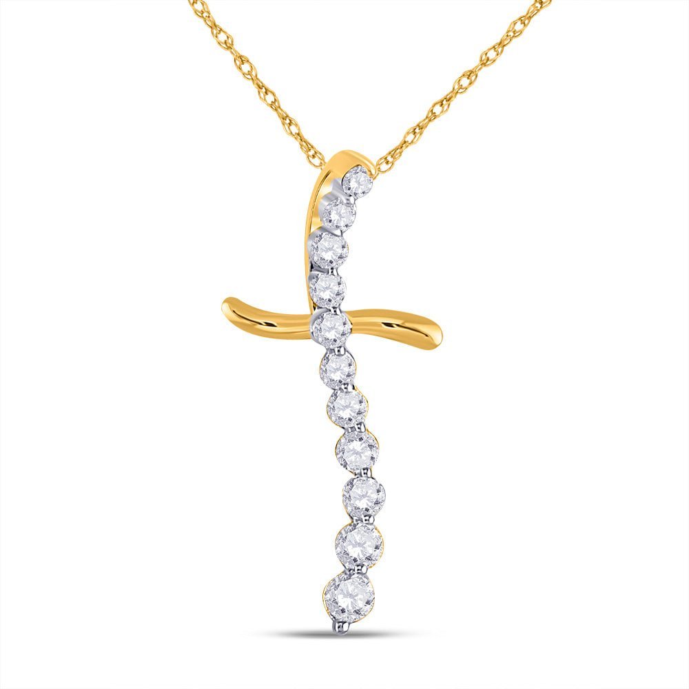 Radiant Reflections: 10kt Yellow Gold Curved Diamond Cross Pendant - Splendid Jewellery