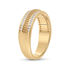 Load image into Gallery viewer, Radiant Reflections: 14kt Yellow Gold Textured Diamond Wedding Band - Side View