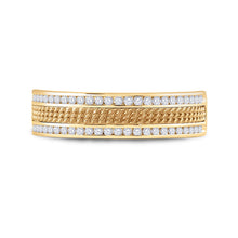 Load image into Gallery viewer, Radiant Reflections: 14kt Yellow Gold Textured Diamond Wedding Band - Front View