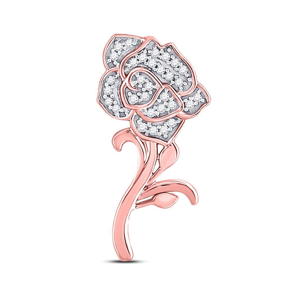 Radiant Rose Diamond Pendant - 10kt Rose Gold Womens Round Diamond Rose Flower Pendant 1/10 Cttw - Splendid Jewellery