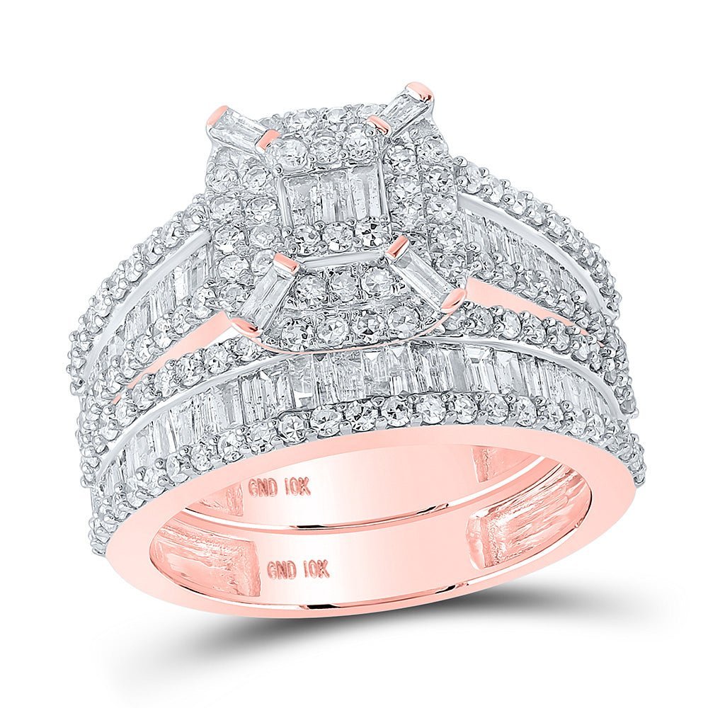 Radiant Rose Gold Baguette Diamond Halo Bridal Wedding Ring Band Set - Splendid Jewellery