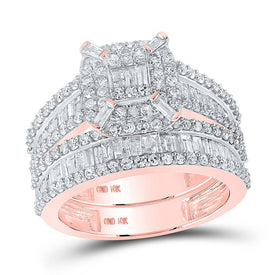Radiant Rose Gold Baguette Diamond Halo Bridal Wedding Ring Band Set - Splendid Jewellery