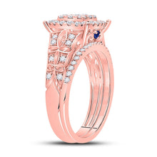 Load image into Gallery viewer, Radiant Rose Gold Diamond and Sapphire Square Cluster Wedding Ring Set - Side View