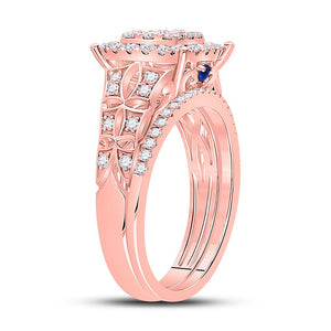 Radiant Rose Gold Diamond and Sapphire Square Cluster Wedding Ring Set - Splendid Jewellery