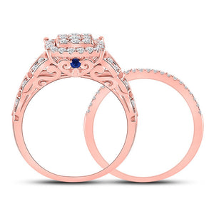 Radiant Rose Gold Diamond and Sapphire Square Cluster Wedding Ring Set - Splendid Jewellery