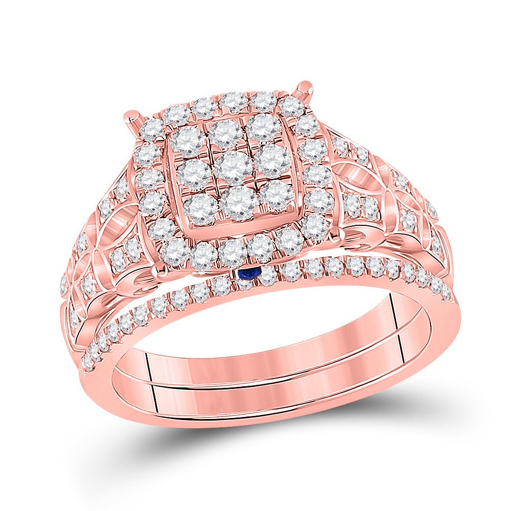 Radiant Rose Gold Diamond and Sapphire Square Cluster Wedding Ring Set - Splendid Jewellery