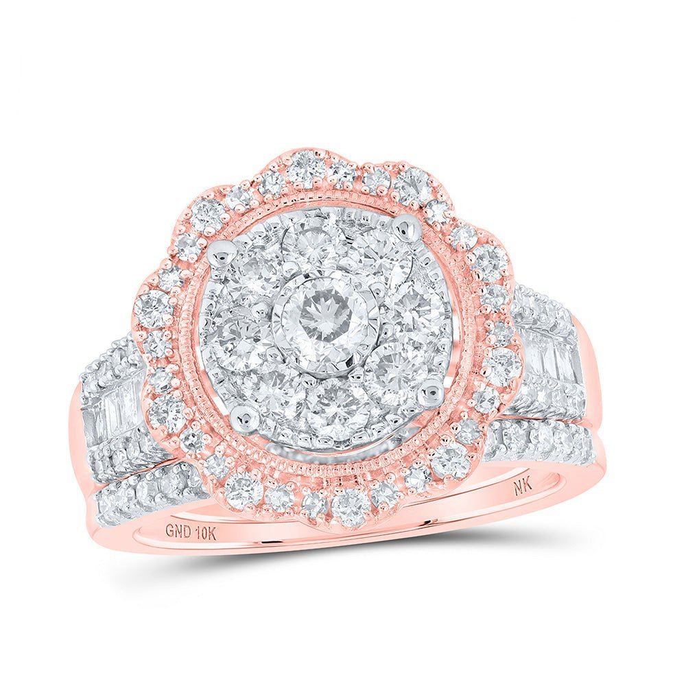 Radiant Rose Gold Diamond Cluster Wedding Ring Set - 1 - 1/2 Cttw - Splendid Jewellery