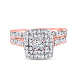 Radiant Rose Gold Diamond Halo Bridal Wedding Ring Band Set - Splendid Jewellery