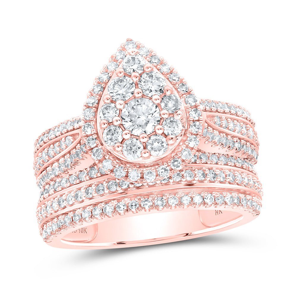 Radiant Rose Gold Diamond Teardrop Halo Bridal Wedding Ring Set - Splendid Jewellery