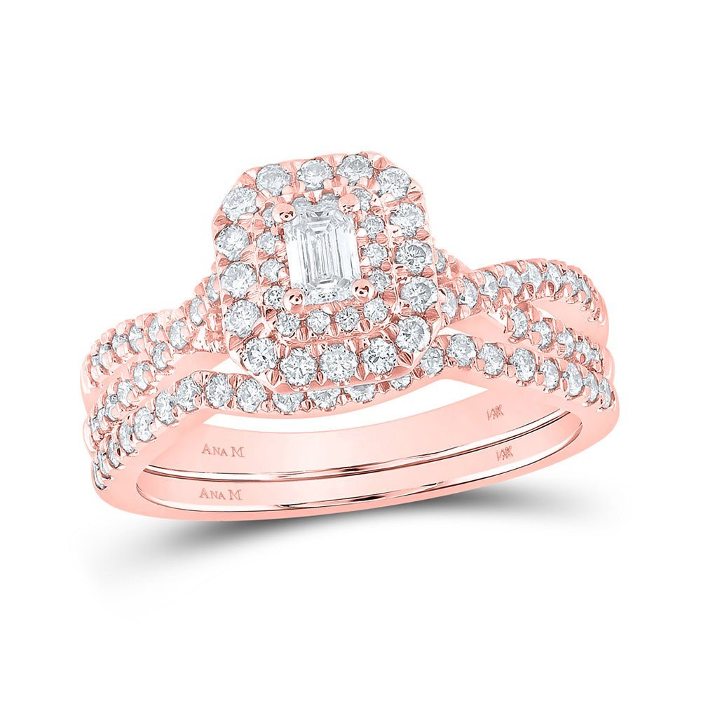 Radiant Rose Gold Emerald Diamond Halo Bridal Wedding Ring Set - Splendid Jewellery