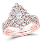 Radiant Rose Gold Marquise Diamond Halo Bridal Wedding Ring Band Set - Splendid Jewellery