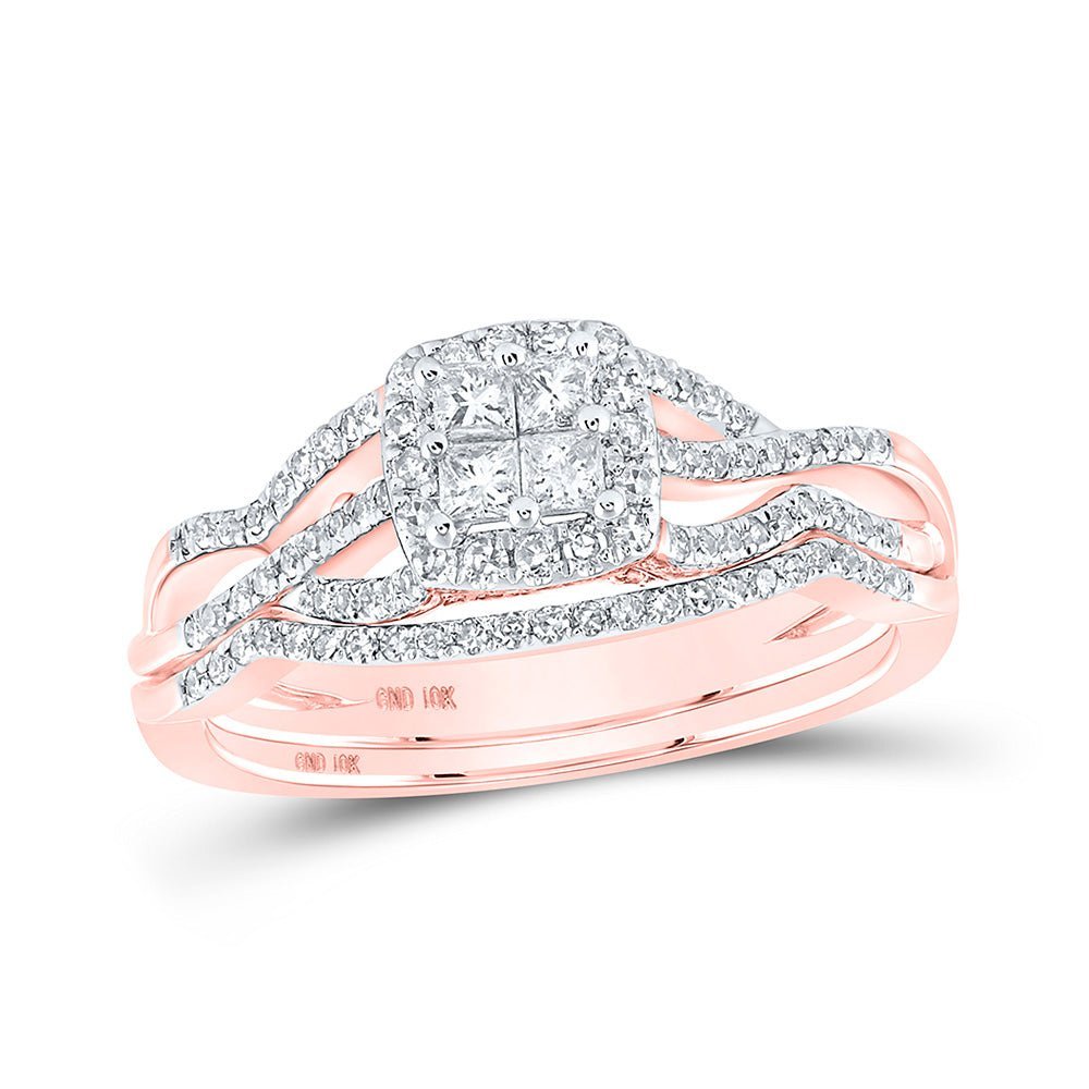 Radiant Rose Gold Princess Diamond Square Bridal Wedding Ring Band Set - Splendid Jewellery