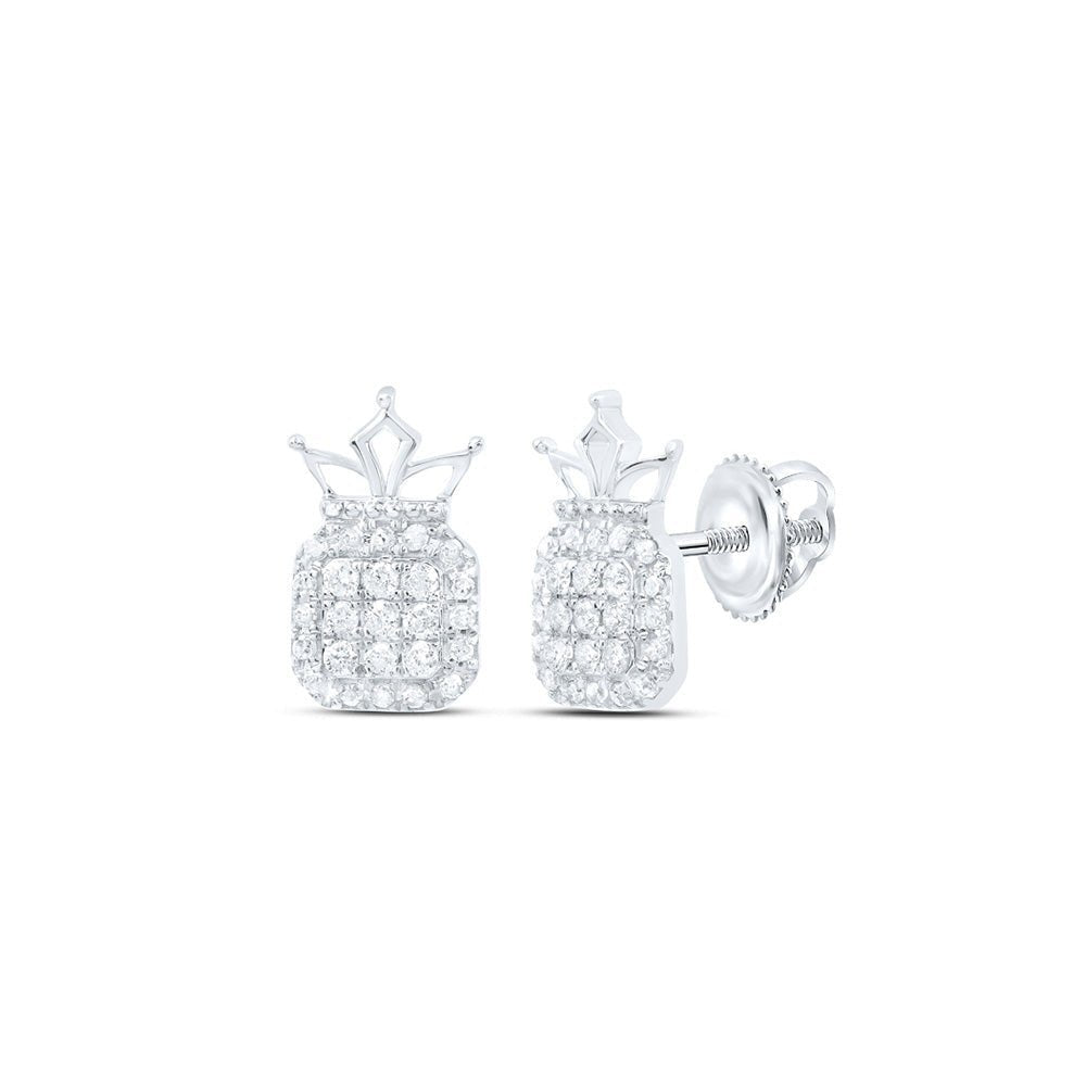 Radiant Royalty: 10kt White Gold Womens Round Diamond Crown Earrings 1/5 Cttw - Splendid Jewellery