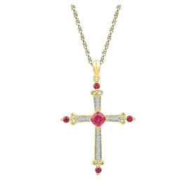 Radiant Ruby and Diamond Cross Pendant in 10kt Yellow Gold - Splendid Jewellery