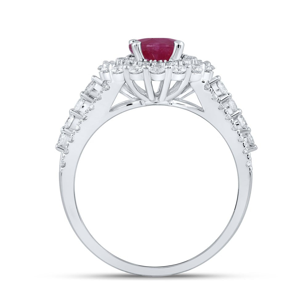 Radiant Ruby Elegance: 14kt White Gold Womens Oval Ruby Solitaire Diamond Fashion Ring - Splendid Jewellery