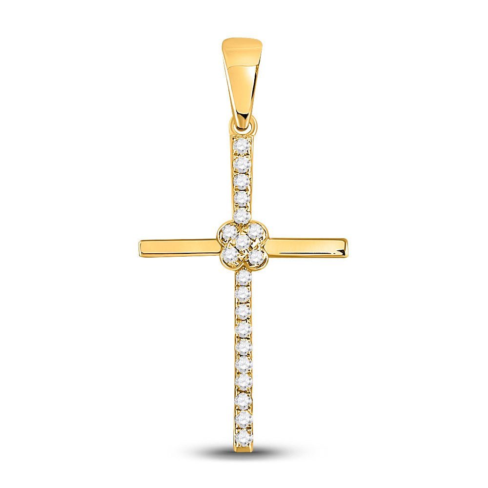 Radiant Spirit Diamond Cross Pendant | 10kt Yellow Gold Womens Round Diamond Cross Pendant 1/12 Cttw - Splendid Jewellery