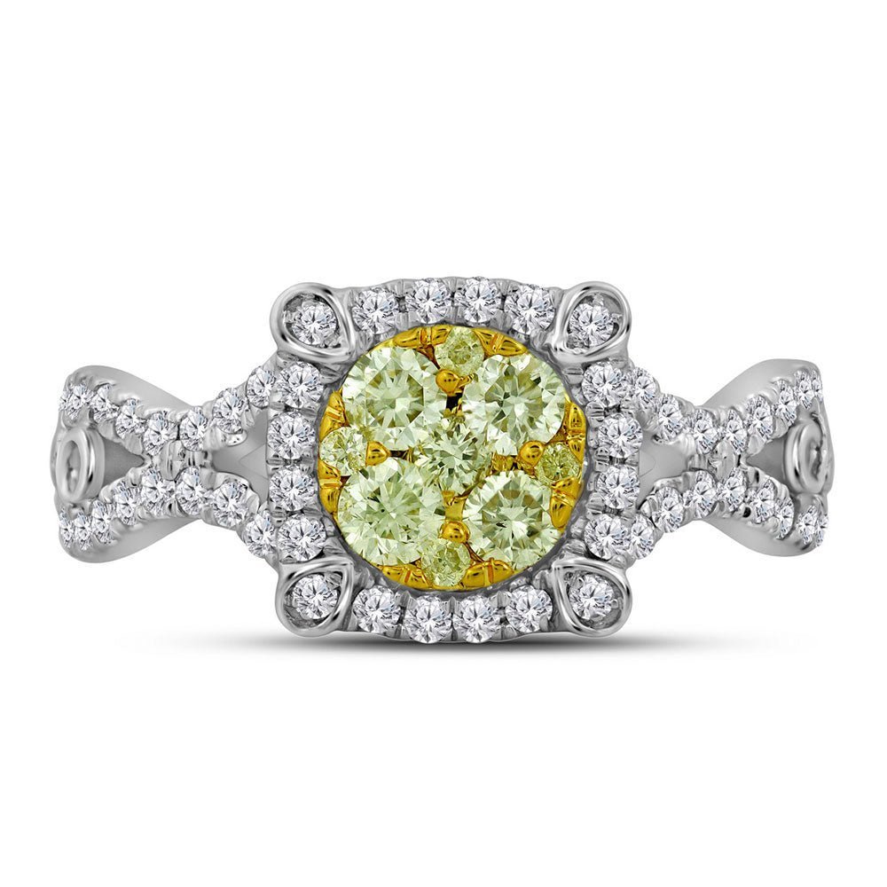 Radiant Sunburst Diamond Cluster Ring | 14kt White Gold Womens Round Yellow Diamond Cluster Ring 7/8 Cttw | Splendid Jewellery - Splendid Jewellery