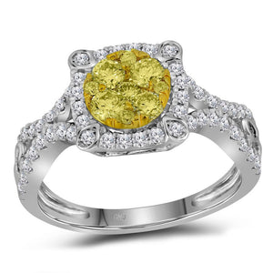 Radiant Sunburst Diamond Cluster Ring | 14kt White Gold Womens Round Yellow Diamond Cluster Ring 7/8 Cttw | Splendid Jewellery - Splendid Jewellery