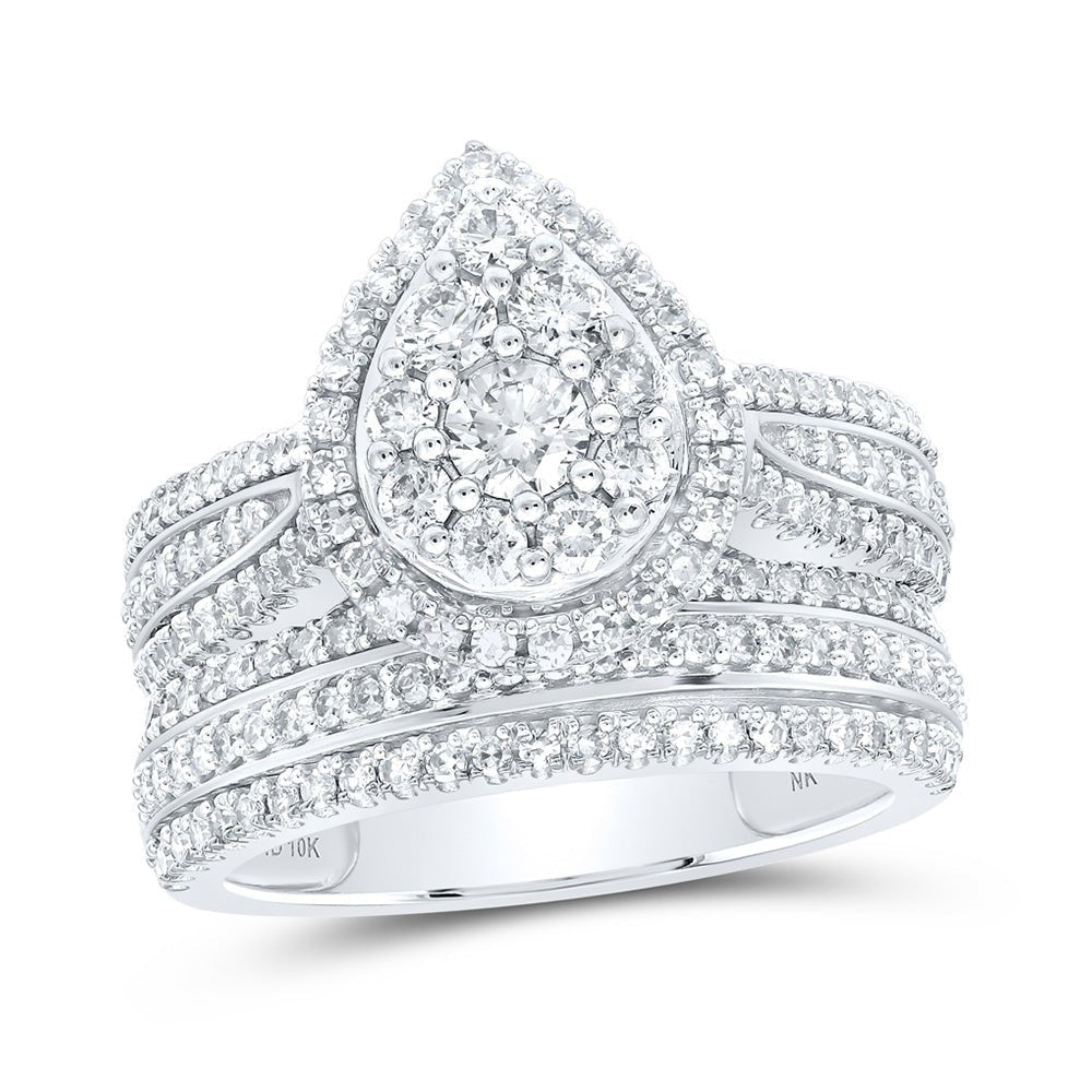 Radiant Tears: 10kt White Gold Diamond Teardrop Bridal Wedding Ring Band Set - Splendid Jewellery