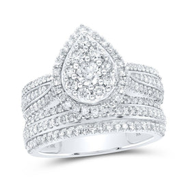 Radiant Tears: 10kt White Gold Diamond Teardrop Bridal Wedding Ring Band Set - Splendid Jewellery