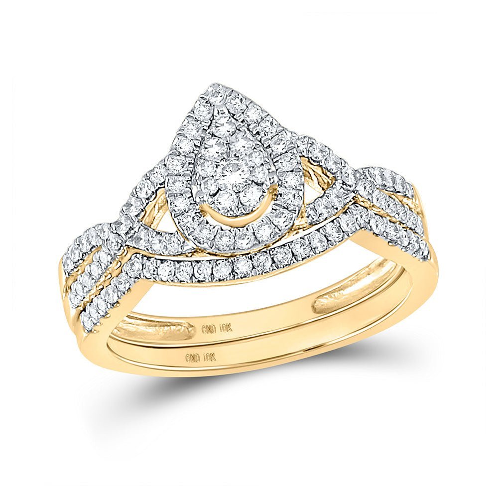 Radiant Tears: 10kt Yellow Gold Diamond Teardrop Bridal Wedding Ring Band Set 1/2 Cttw - Splendid Jewellery
