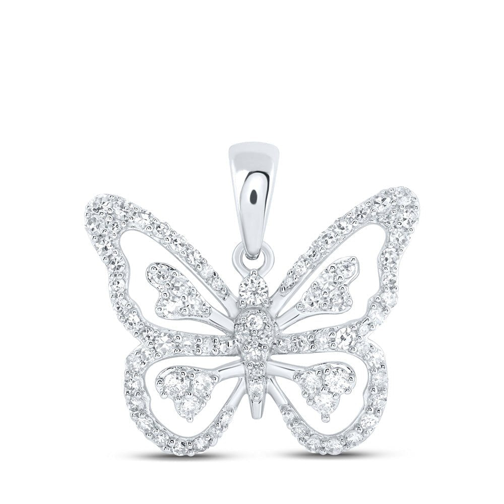 Radiant Wings Diamond Pendant | 10kt White Gold Womens Round Diamond Butterfly Pendant 3/8 Cttw - Splendid Jewellery
