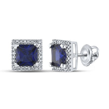 Load image into Gallery viewer, Regal Blue Sapphire Princess Stud Earrings in 10kt White Gold  Top View from Splendid Jewellery