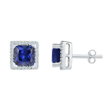 Load image into Gallery viewer, Regal Blue Sapphire Princess Stud Earrings in 10kt White Gold  Side View from Splendid Jewellery