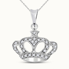 Regal Radiance: 10kt White Gold Womens Round Diamond Crown Pendant - Splendid Jewellery