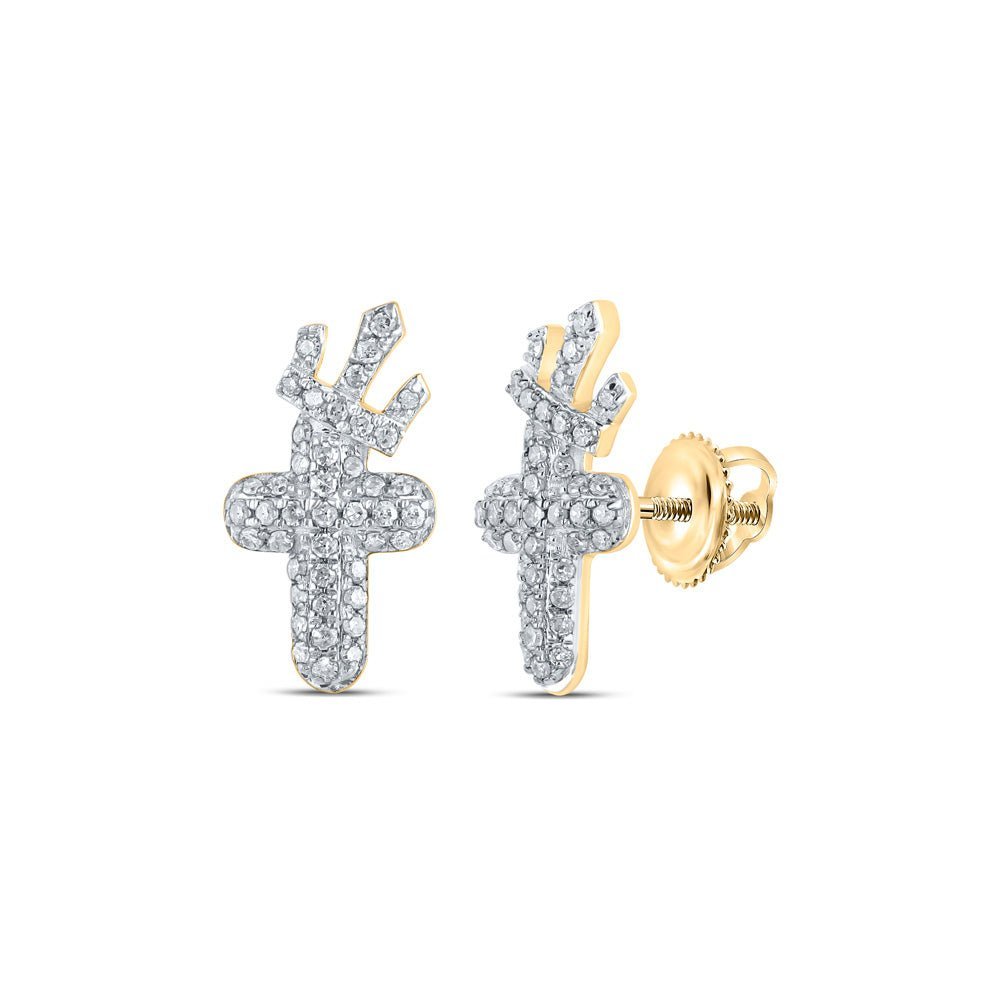 Regal Radiance: 10kt Yellow Gold Diamond Crown Cross Earrings - Splendid Jewellery