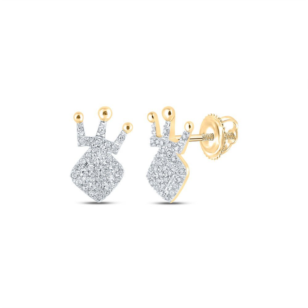 Regal Radiance: 10kt Yellow Gold Womens Round Diamond Crown Earrings 1/5 Cttw - Splendid Jewellery