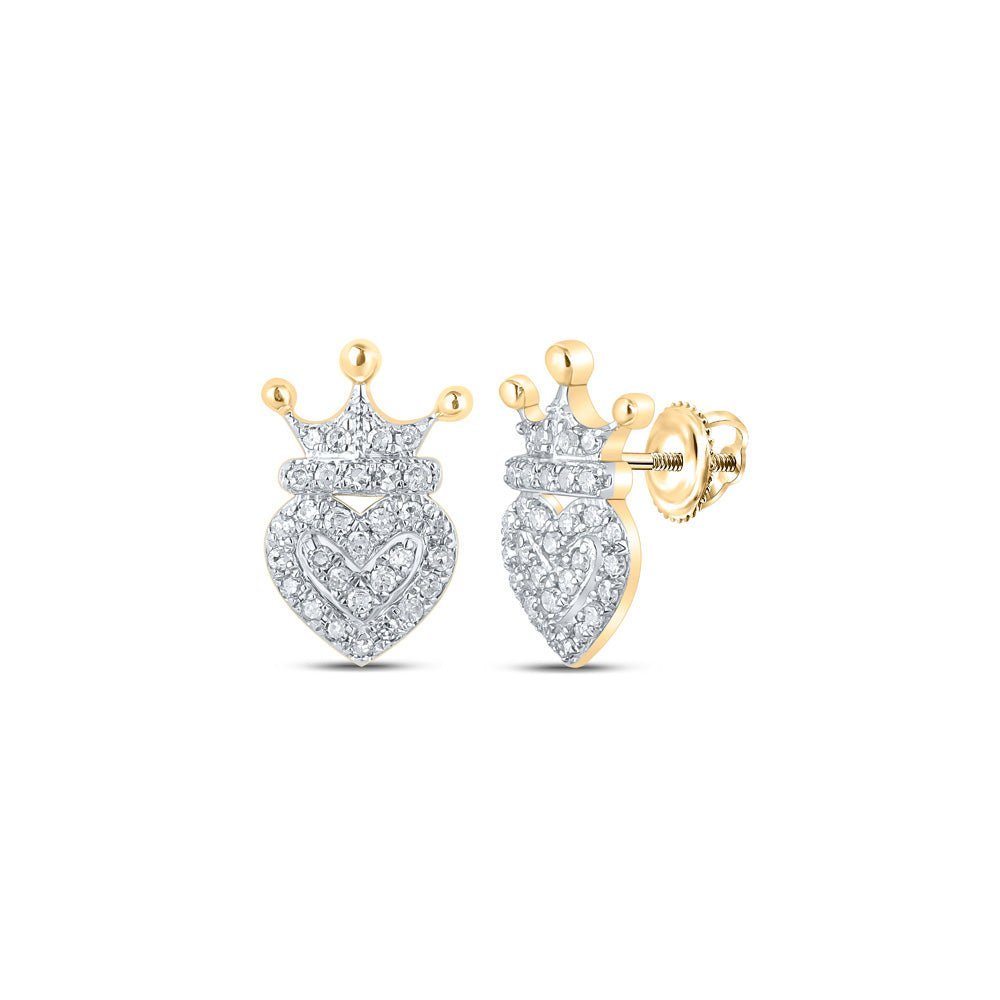 Regal Radiance: 10kt Yellow Gold Womens Round Diamond Crown Heart Earrings - Splendid Jewellery