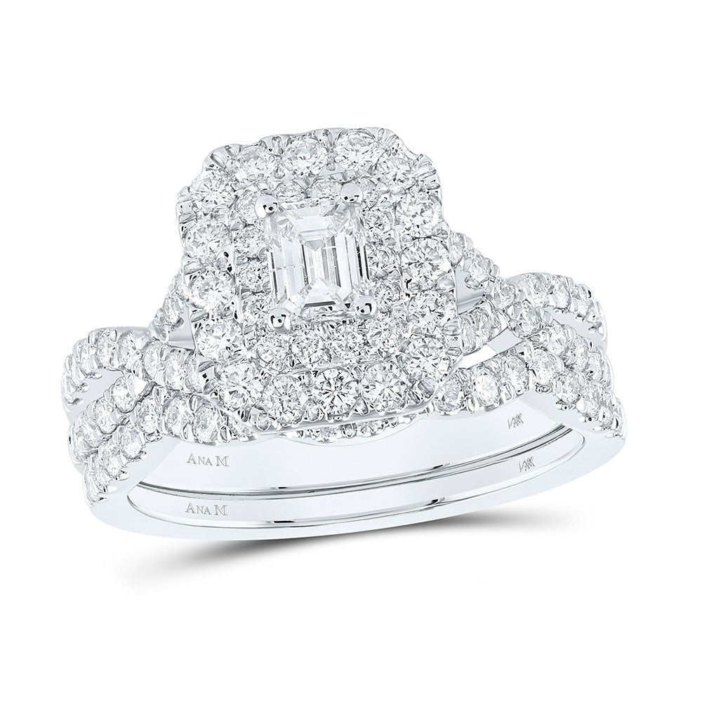 Regal Radiance 14kt White Gold Emerald Diamond Halo Bridal Wedding Ring Band Set - Splendid Jewellery