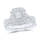 Regal Radiance 14kt White Gold Emerald Diamond Halo Bridal Wedding Ring Band Set - Splendid Jewellery
