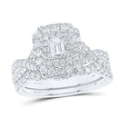Regal Radiance 14kt White Gold Emerald Diamond Halo Bridal Wedding Ring Band Set - Splendid Jewellery