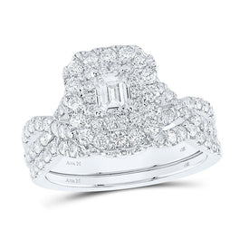 Regal Radiance 14kt White Gold Emerald Diamond Halo Bridal Wedding Ring Band Set - Splendid Jewellery
