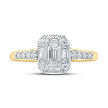 Load image into Gallery viewer, Regal Radiance: 14kt Yellow Gold Emerald Diamond Halo Bridal Wedding Engagement Ring 3/4 Cttw - Second Side View