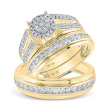 Load image into Gallery viewer, Romantic Brilliance: 14kt Yellow Gold His Hers Round Diamond Cluster Wedding Set - Top View