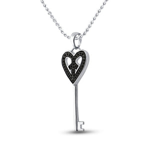 Romantic Heart Key Pendant | Sterling Silver Womens Round Black Diamond Key Heart Pendant 1/10 Cttw | Splendid Jewellery - Splendid Jewellery