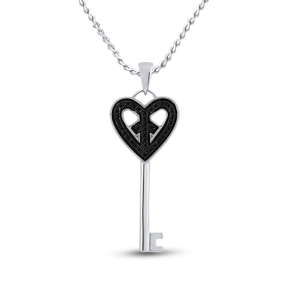 Romantic Heart Key Pendant | Sterling Silver Womens Round Black Diamond Key Heart Pendant 1/10 Cttw | Splendid Jewellery - Splendid Jewellery