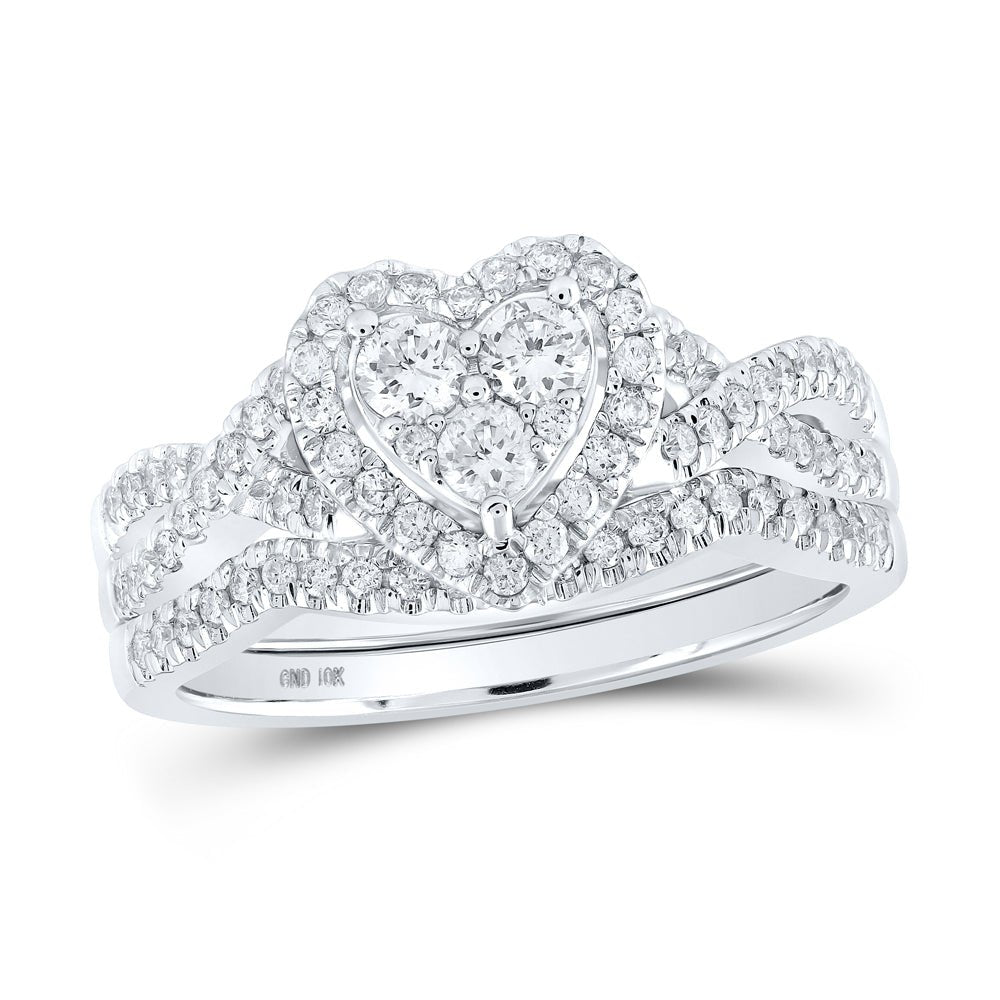 Romantic Love Story 10kt White Gold Diamond Heart Bridal Wedding Ring Band Set - Splendid Jewellery