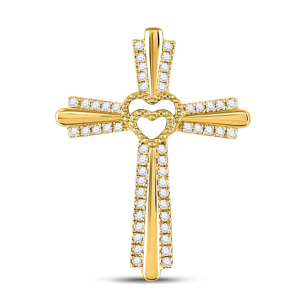Romantic Radiance: 10kt Yellow Gold Womens Round Diamond Heart Cross Pendant - Splendid Jewellery