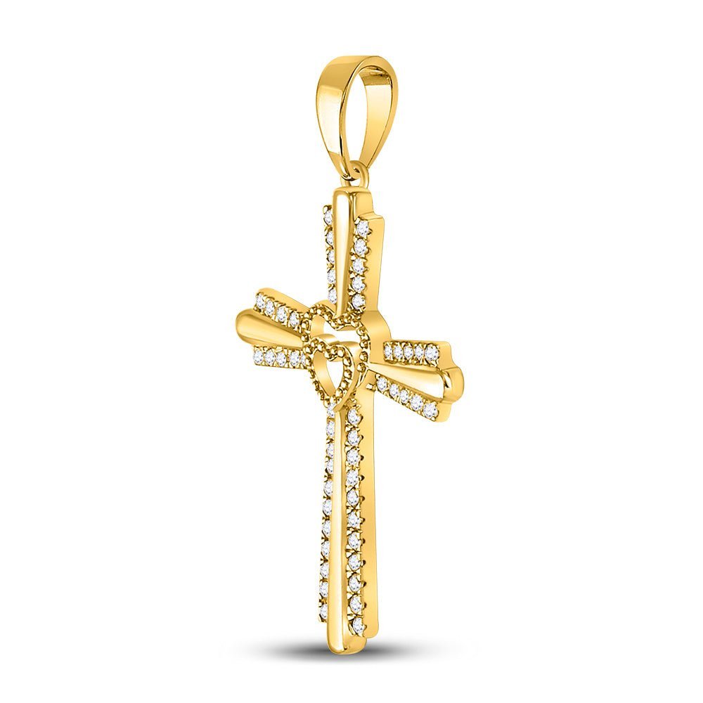 Romantic Radiance: 10kt Yellow Gold Womens Round Diamond Heart Cross Pendant - Splendid Jewellery