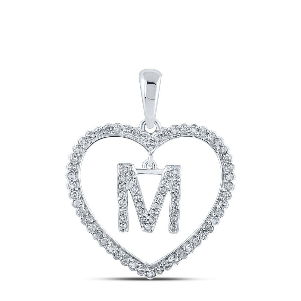 Romantic Reflections: 10kt White Gold Womens Round Diamond Heart M Letter Pendant - Splendid Jewellery