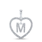 Romantic Reflections: 10kt White Gold Womens Round Diamond Heart M Letter Pendant - Splendid Jewellery