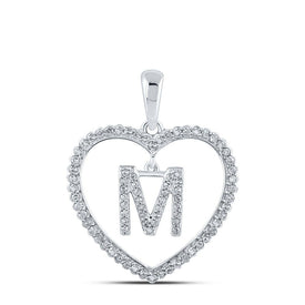 Romantic Reflections: 10kt White Gold Womens Round Diamond Heart M Letter Pendant - Splendid Jewellery